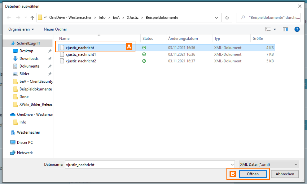 Dialog „Datei(en) auswählen" mit dem lokalen Dateisystem. Der Strukturdatensatz, im Bild mit A markiert, kann ausgewählt und über die Schaltfläche „Öffnen", mit B markiert, hochgeladen werden..